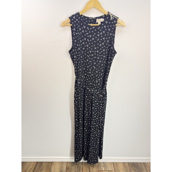 MICHAEL KORS WOMENS WIDE LEG CROPPED JUMPSUIT ROMPER BLACK WHITE FLOWERS Sz M - Picture 3 of 13